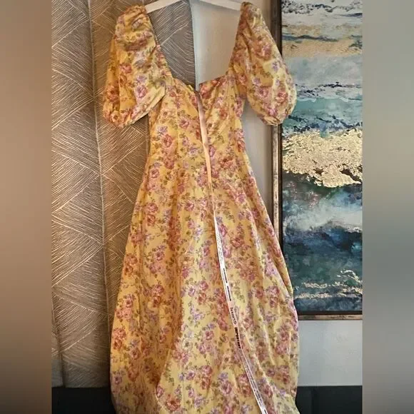 House of CB Maxi Dress Sz XS Yellow Floral Felizia Butter Print Puff Selene NEW